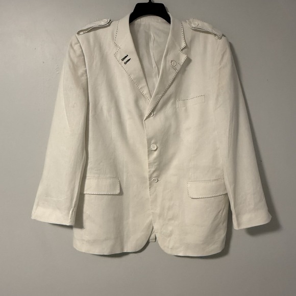 Crème De Silk Mens Blazer Jacket Off-White Linen Black Stitching XL 3-button VTG